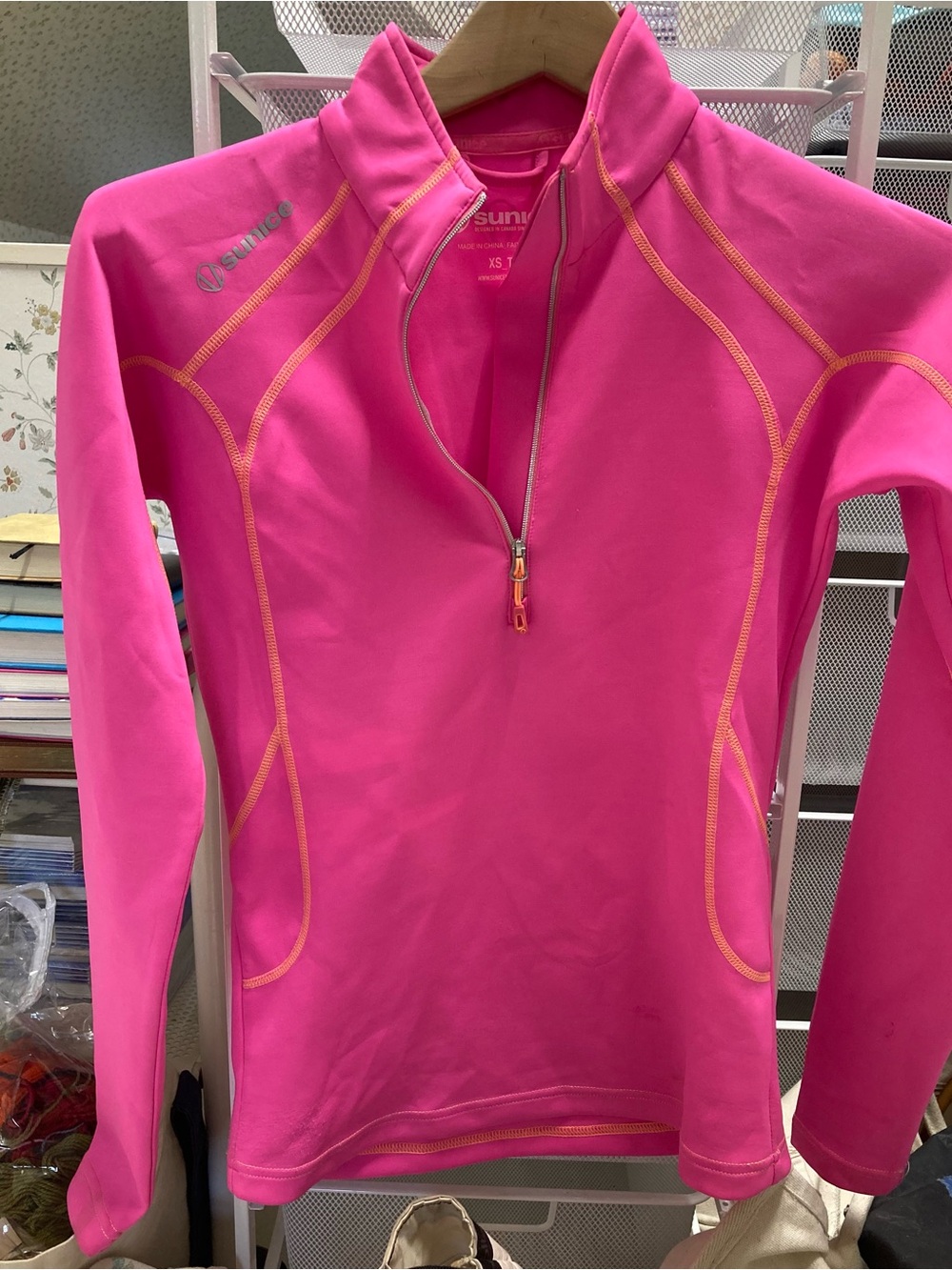 Sunice Women's Hot Pink Long-Sleeve Zip Performance Top with Orange Stitching
